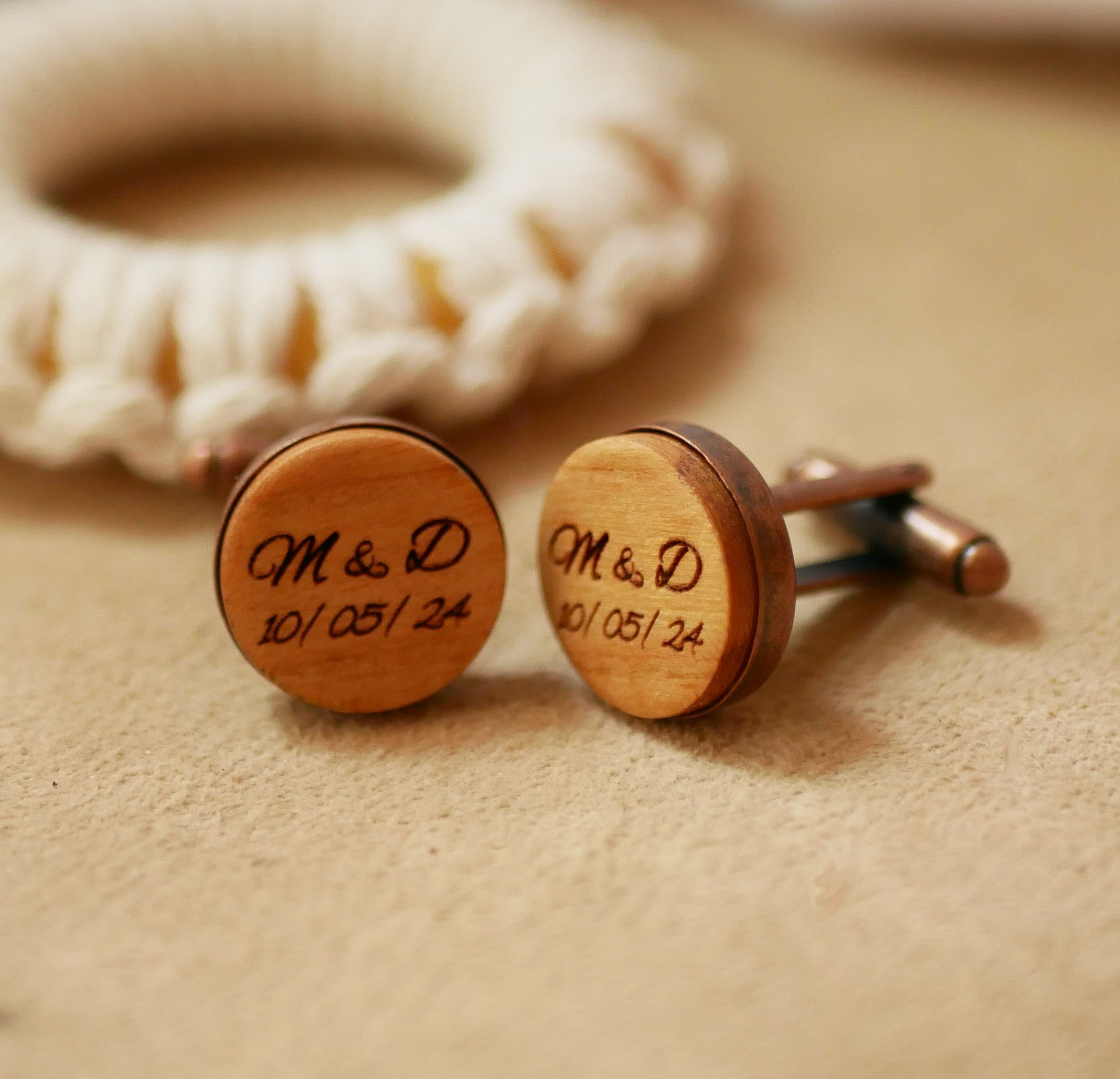 Gemelli in legno in rame antico 16 mm, personalizzabili