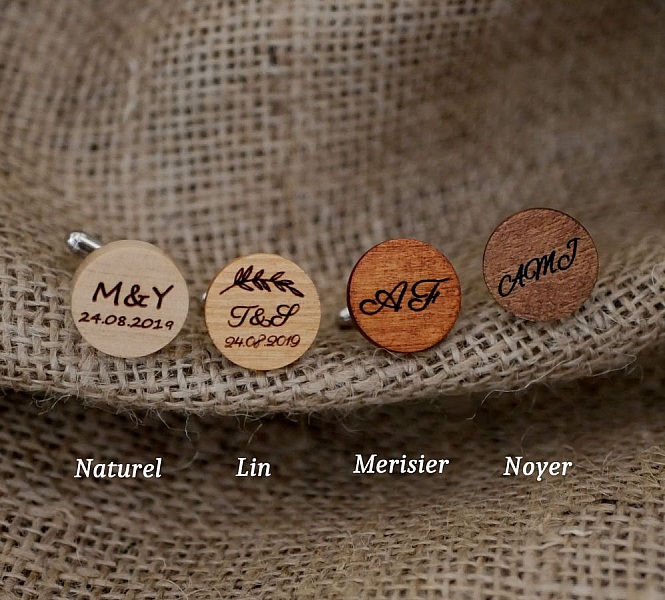 Boutons de manchette personnalisés en bois gravé sur toile.