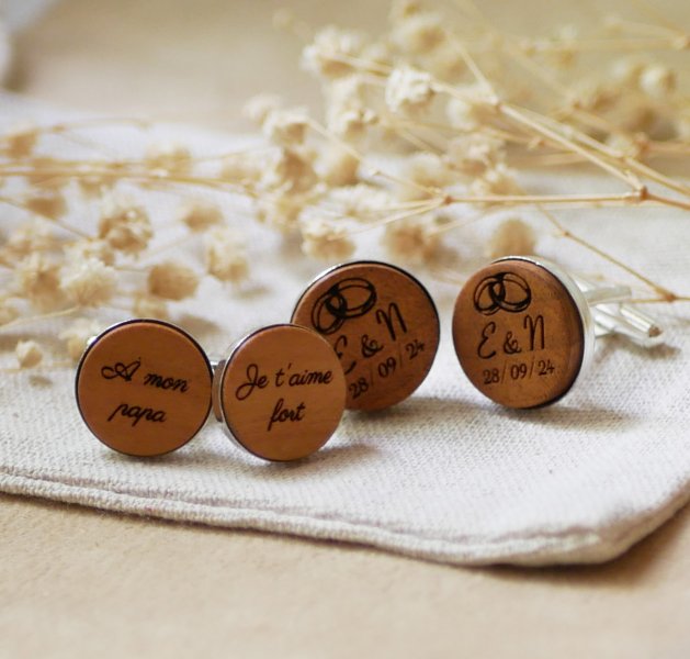 Gemelli da polso in argento platinico 16 mm in legno inciso 