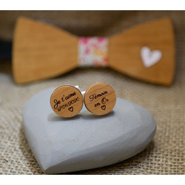 Gemelli da polso in argento platinico 16 mm in legno inciso 