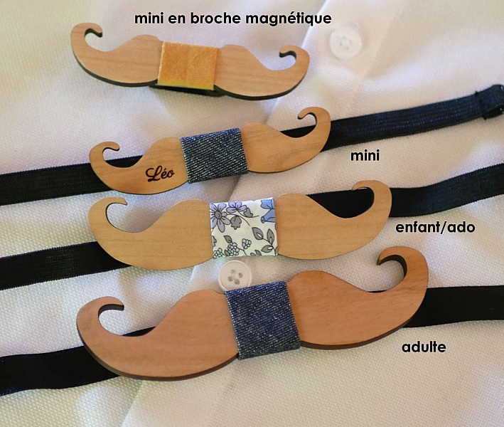 Broches et nœuds papillon moustache en bois personnalisables.