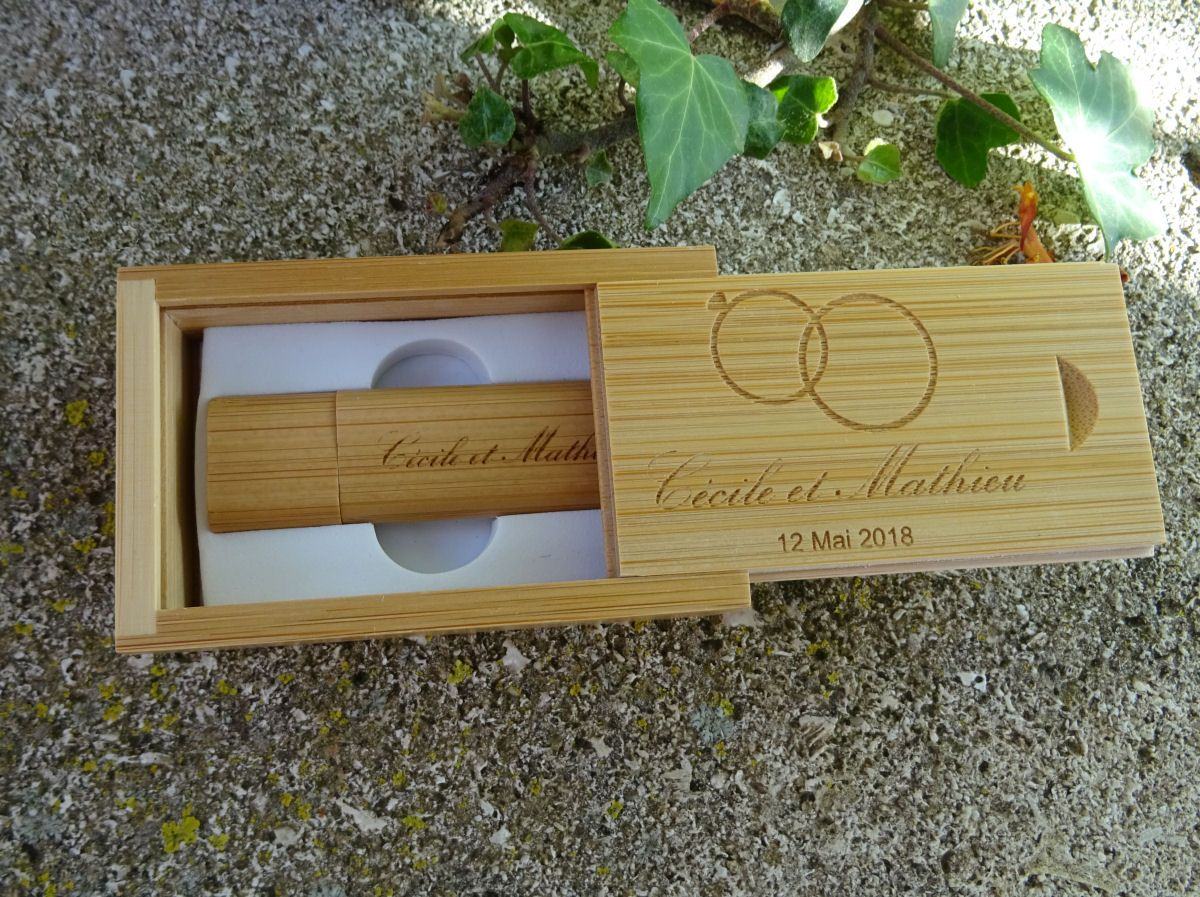 Cl&eacute; Usb 16 Go dans coffret bois bambou &agrave; personnaliser par gravure pour un mariage