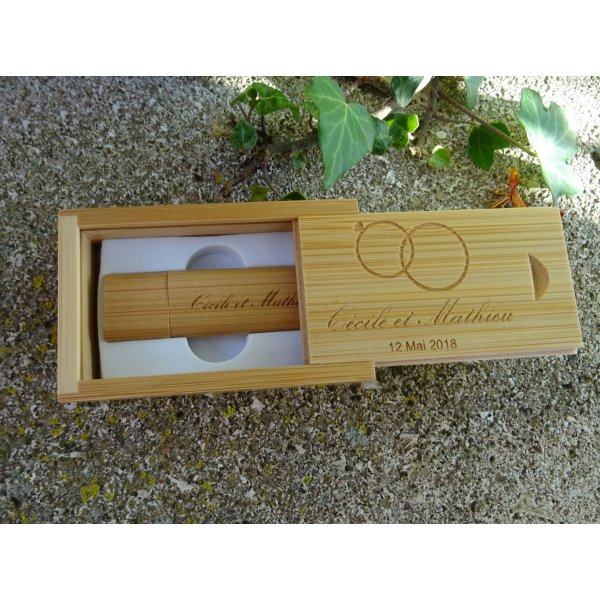 Cl&eacute; Usb 16 Go dans coffret bois bambou &agrave; personnaliser par gravure pour un mariage