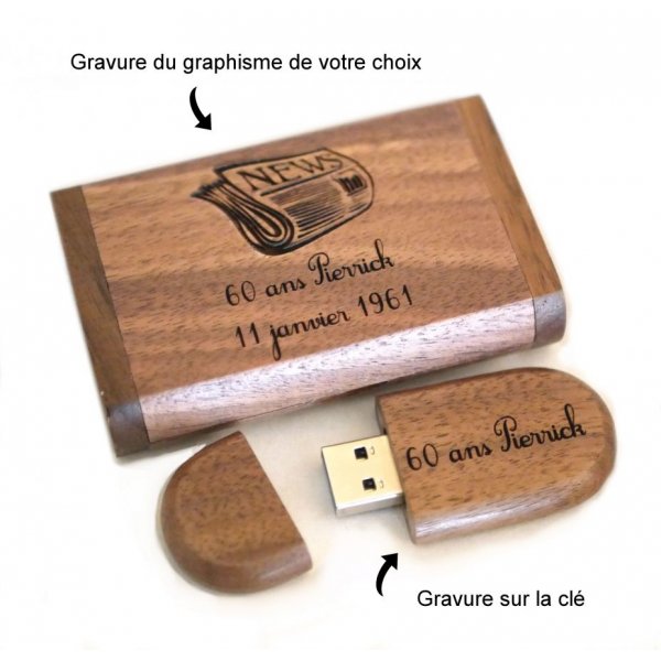 Chiavetta USB 3.0 in legno di noce e custodia, 32 GB, personalizzabile