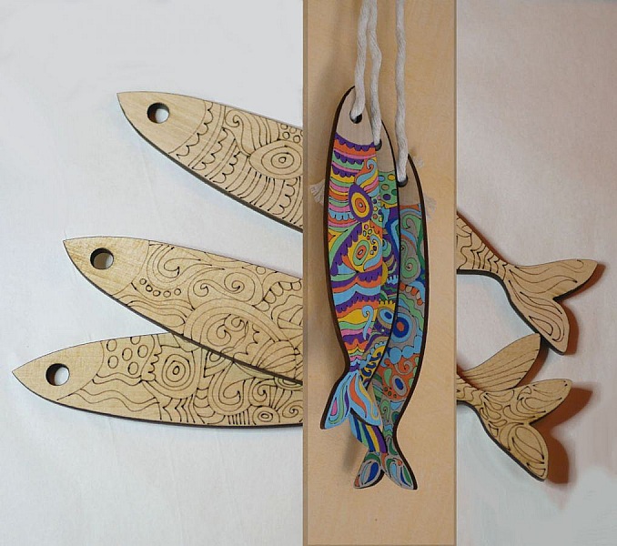 Decorazione murale Sardine in legno inciso da dipingere 
