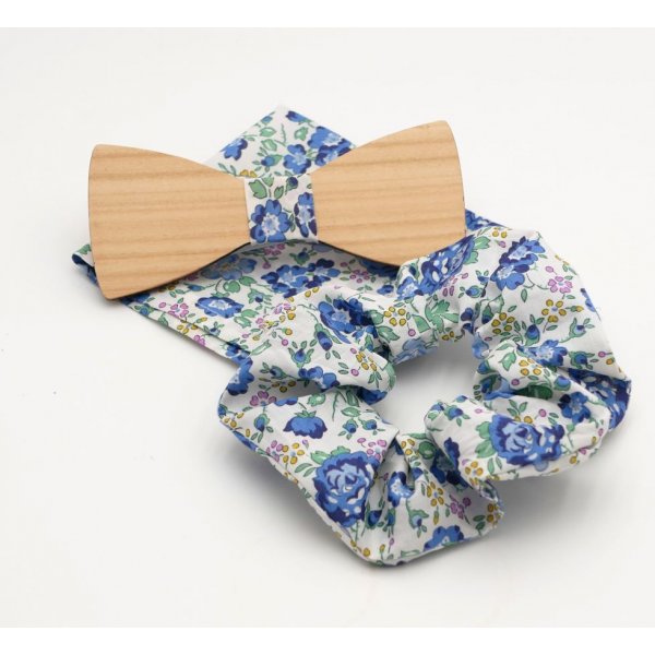 Astuccio Liberty Blue + scrunchie + papillon in legno