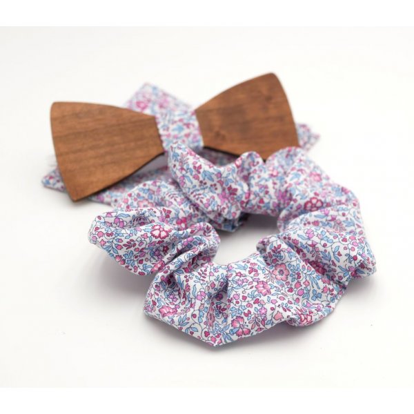 Pochette Liberty Katie + scrunchie + papillon in legno