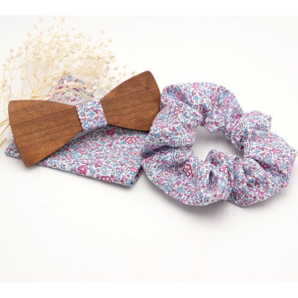 Pochette Liberty Katie + scrunchie + papillon in legno