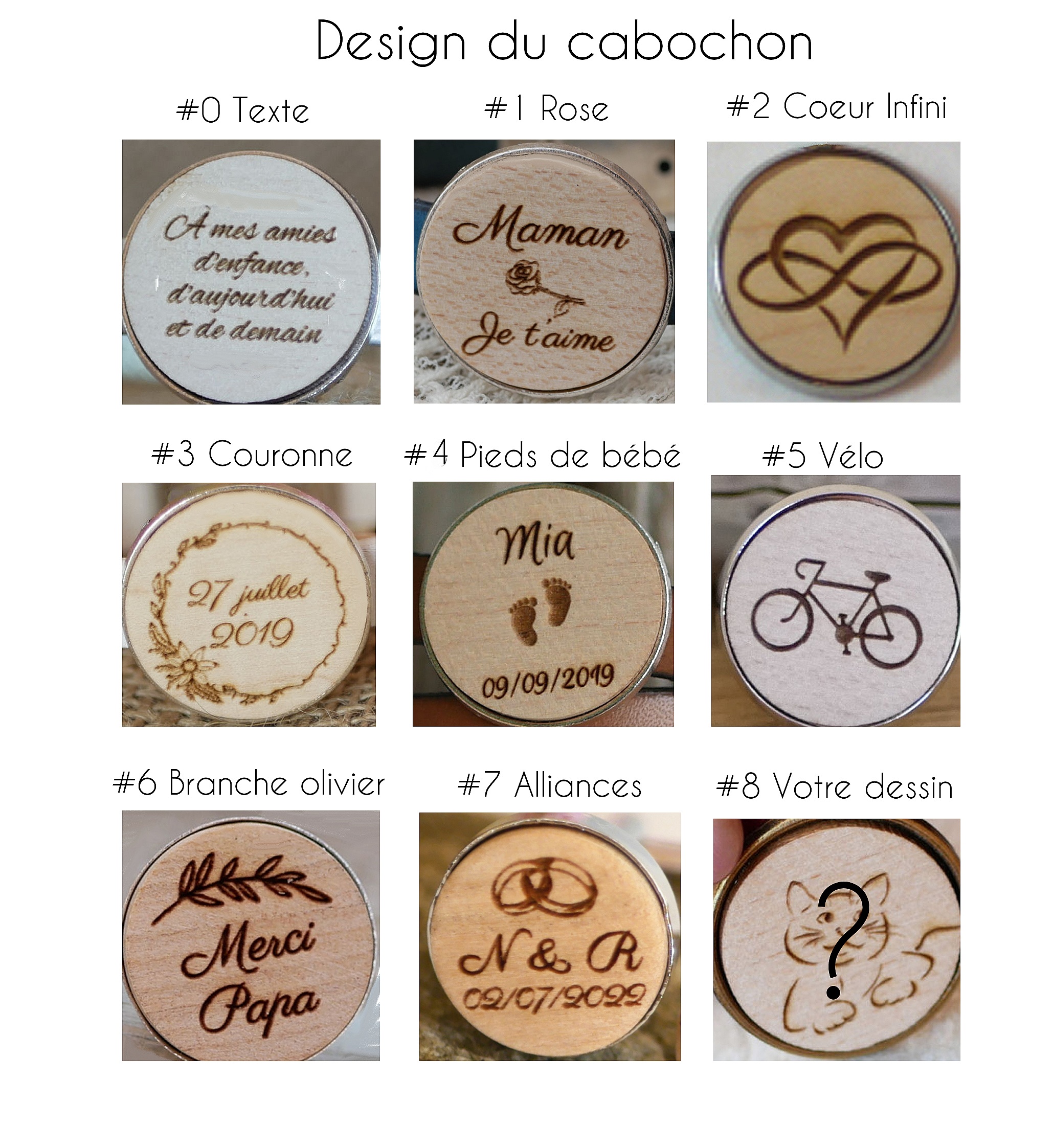 Exemples de designs personnalisés pour cabochons en bois gravés.