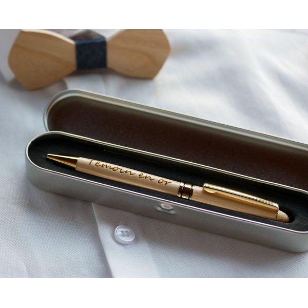 Stylo grav&eacute; personnalis&eacute; en bois coffret m&eacute;tal